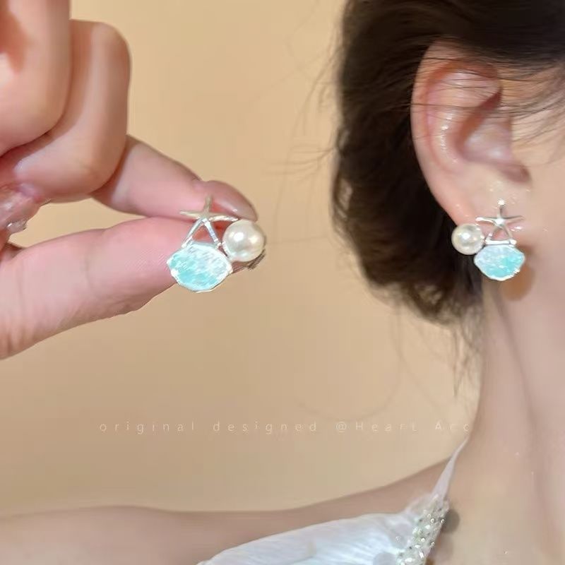 Stud Pearl Starfish Earring Faux Rhinestone Alloy