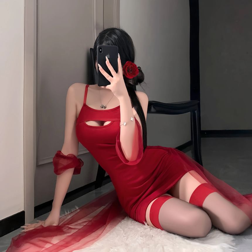 Spaghetti Strap Cutout Bodycon Chemise Set