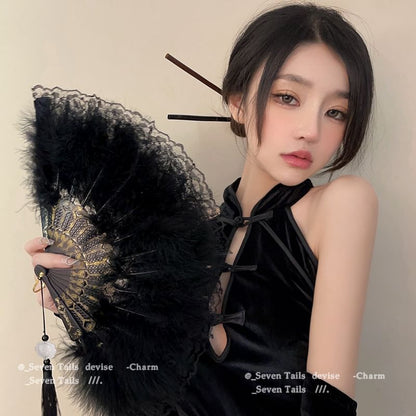 Hand Lace Feather Fan Foldable Tassel