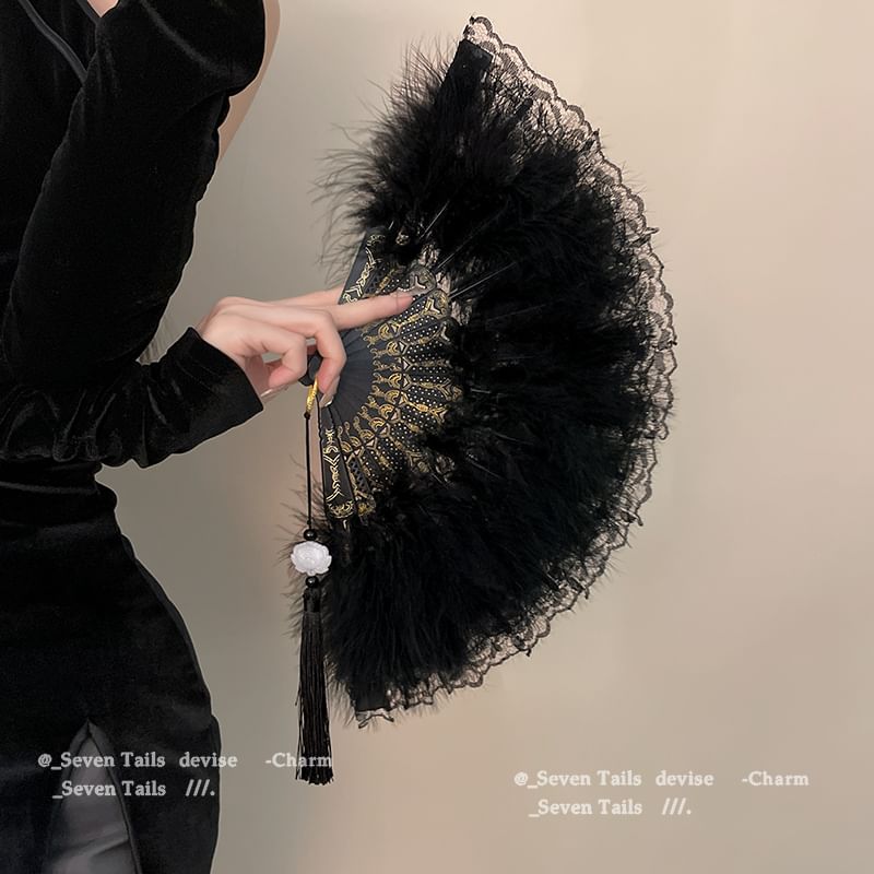 Hand Lace Feather Fan Foldable Tassel