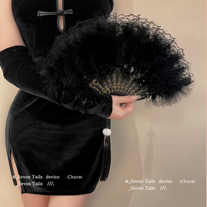 Hand Lace Feather Fan Foldable Tassel