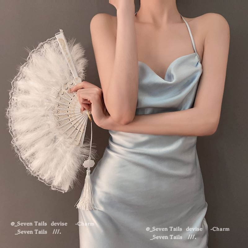 Hand Lace Feather Fan Foldable Tassel