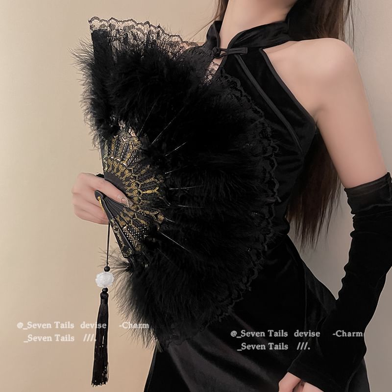 Hand Lace Feather Fan Foldable Tassel