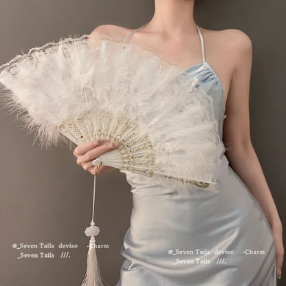 Hand Lace Feather Fan Foldable Tassel