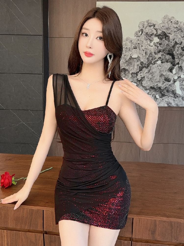 Spaghetti Strap Asymmetrical Neck Sequin Panel Mesh Mini Sheath Dress