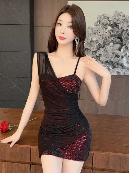 Spaghetti Strap Asymmetrical Neck Sequin Panel Mesh Mini Sheath Dress