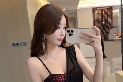 Spaghetti Strap Asymmetrical Neck Sequin Panel Mesh Mini Sheath Dress