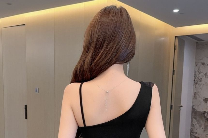 Spaghetti Strap Asymmetrical Neck Sequin Panel Mesh Mini Sheath Dress