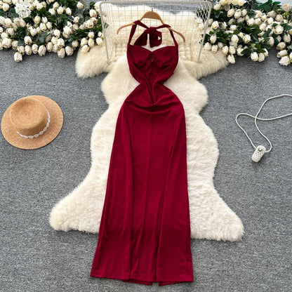 Halter Neck Plain Open Back Slit Maxi Bodycon Dress