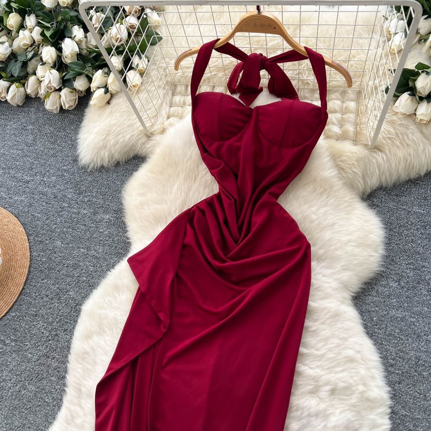 Halter Neck Plain Open Back Slit Maxi Bodycon Dress