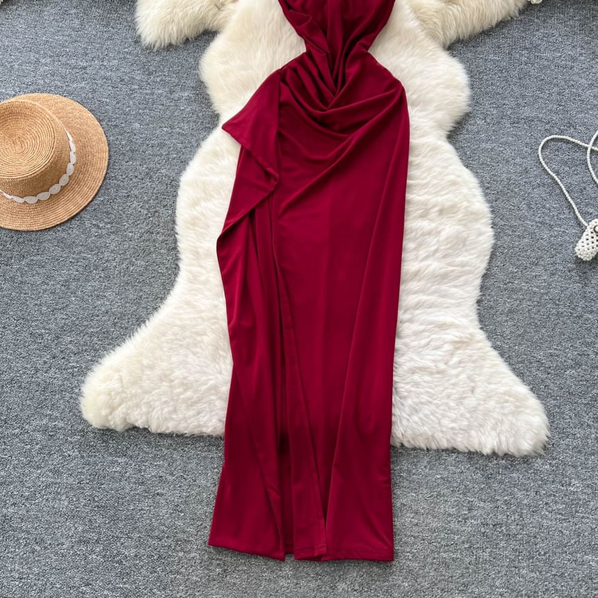 Halter Neck Plain Open Back Slit Maxi Bodycon Dress