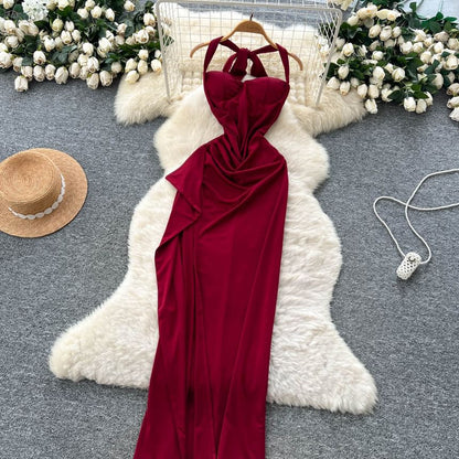 Halter Neck Plain Open Back Slit Maxi Bodycon Dress