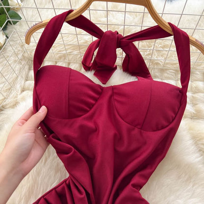 Halter Neck Plain Open Back Slit Maxi Bodycon Dress