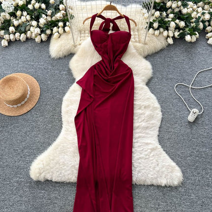 Halter Neck Plain Open Back Slit Maxi Bodycon Dress