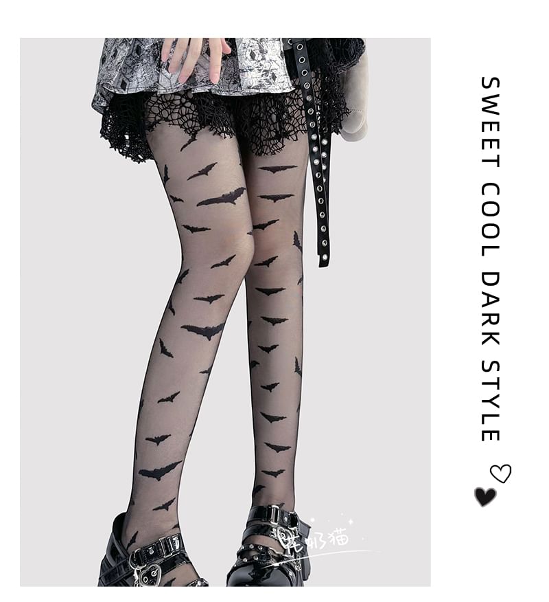 Transparente Strumpfhose mit Fledermaus-Print