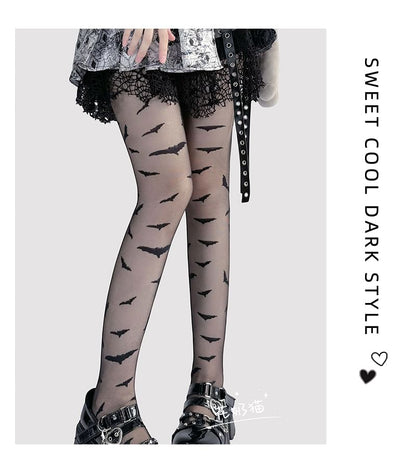 Transparente Strumpfhose mit Fledermaus-Print