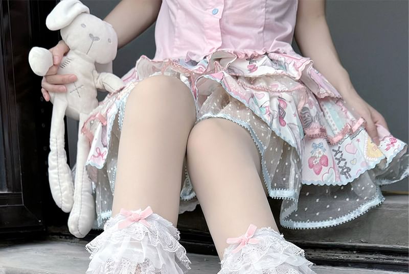 Lace Trim Mid-Calf Socks Cutout Bow