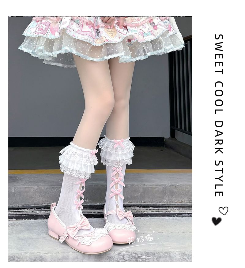 Lace Trim Mid-Calf Socks Cutout Bow