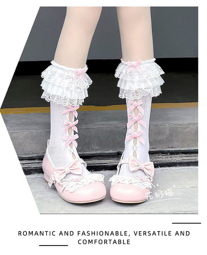Lace Trim Mid-Calf Socks Cutout Bow