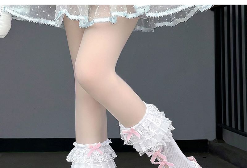 Lace Trim Mid-Calf Socks Cutout Bow