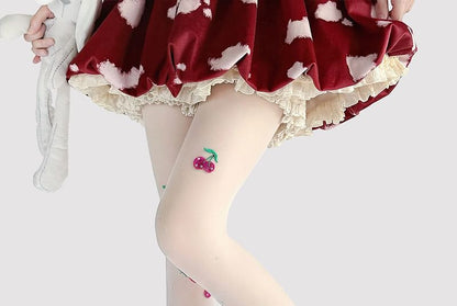 Embroidered Sheer Tights Cherry