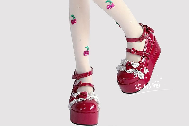 Embroidered Sheer Tights Cherry