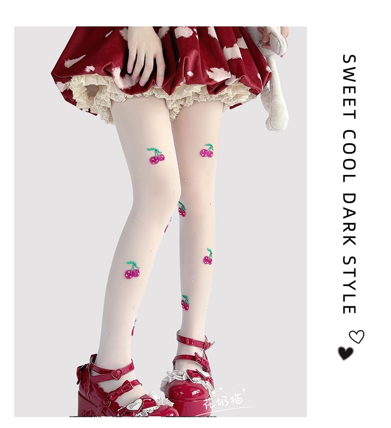 Embroidered Sheer Tights Cherry