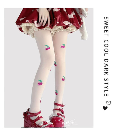Embroidered Sheer Tights Cherry