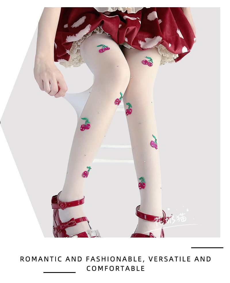 Embroidered Sheer Tights Cherry