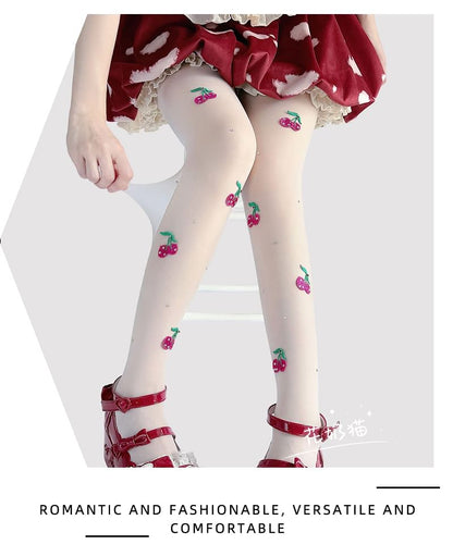 Embroidered Sheer Tights Cherry