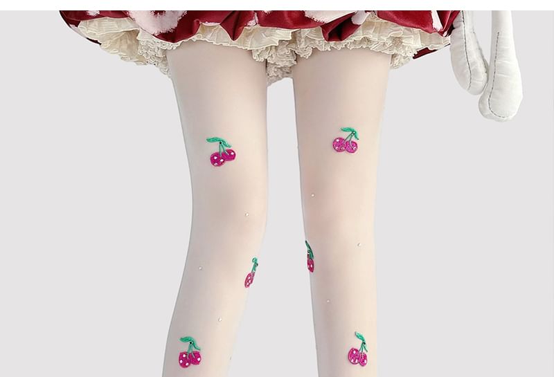 Embroidered Sheer Tights Cherry