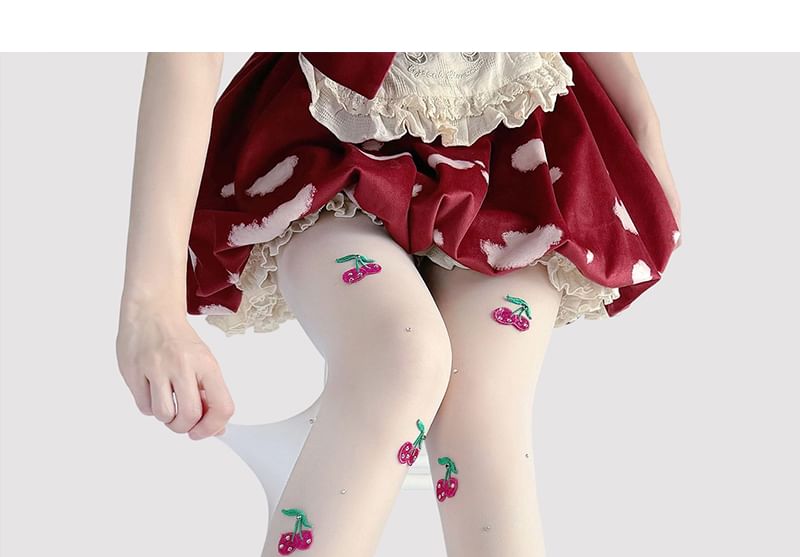 Embroidered Sheer Tights Cherry