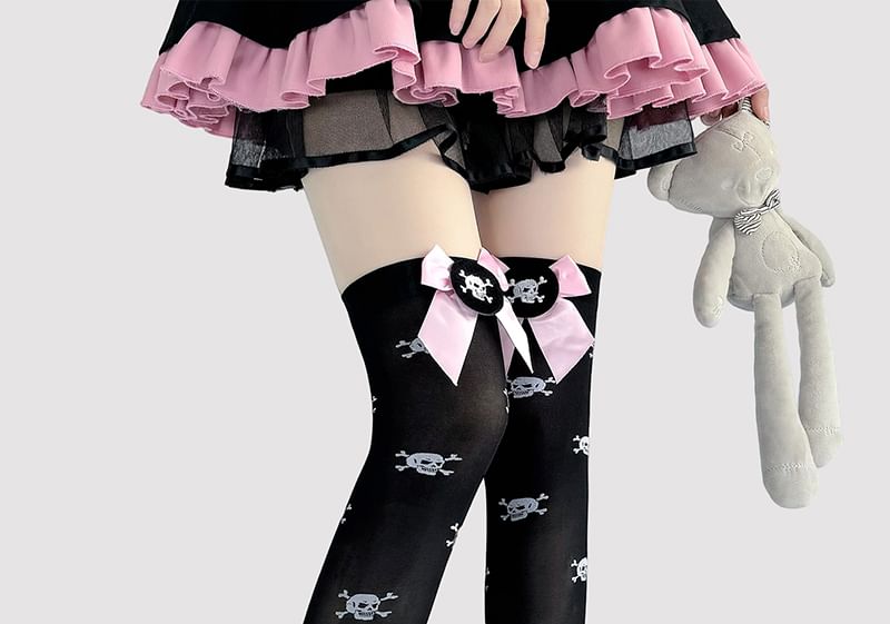 Bow Print Over-The-Knee Socks Skull