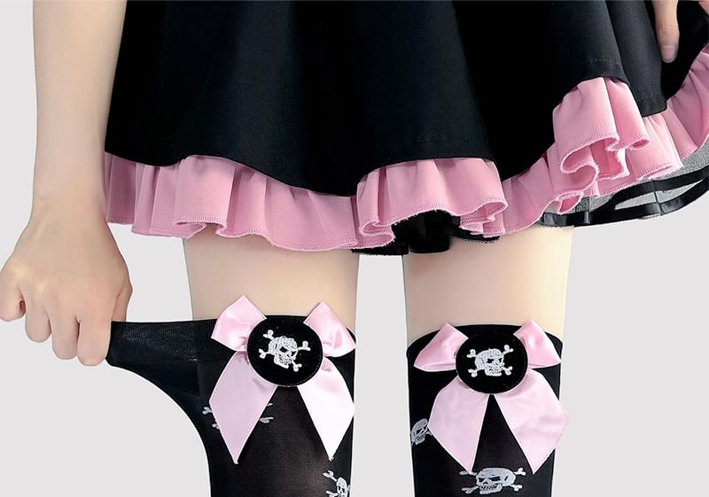Bow Print Over-The-Knee Socks Skull