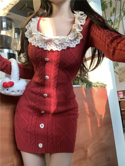 Long Sleeve Square Neck Bow Ruffle Button Lace Panel Cable Knit Mini Sheath Dress