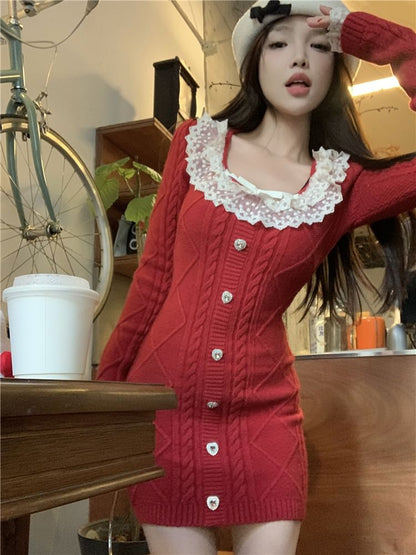 Long Sleeve Square Neck Bow Ruffle Button Lace Panel Cable Knit Mini Sheath Dress