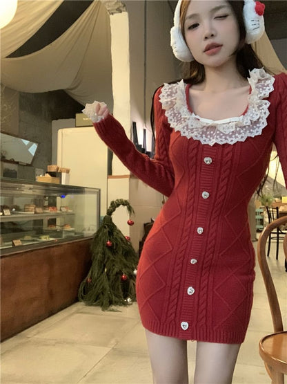 Long Sleeve Square Neck Bow Ruffle Button Lace Panel Cable Knit Mini Sheath Dress