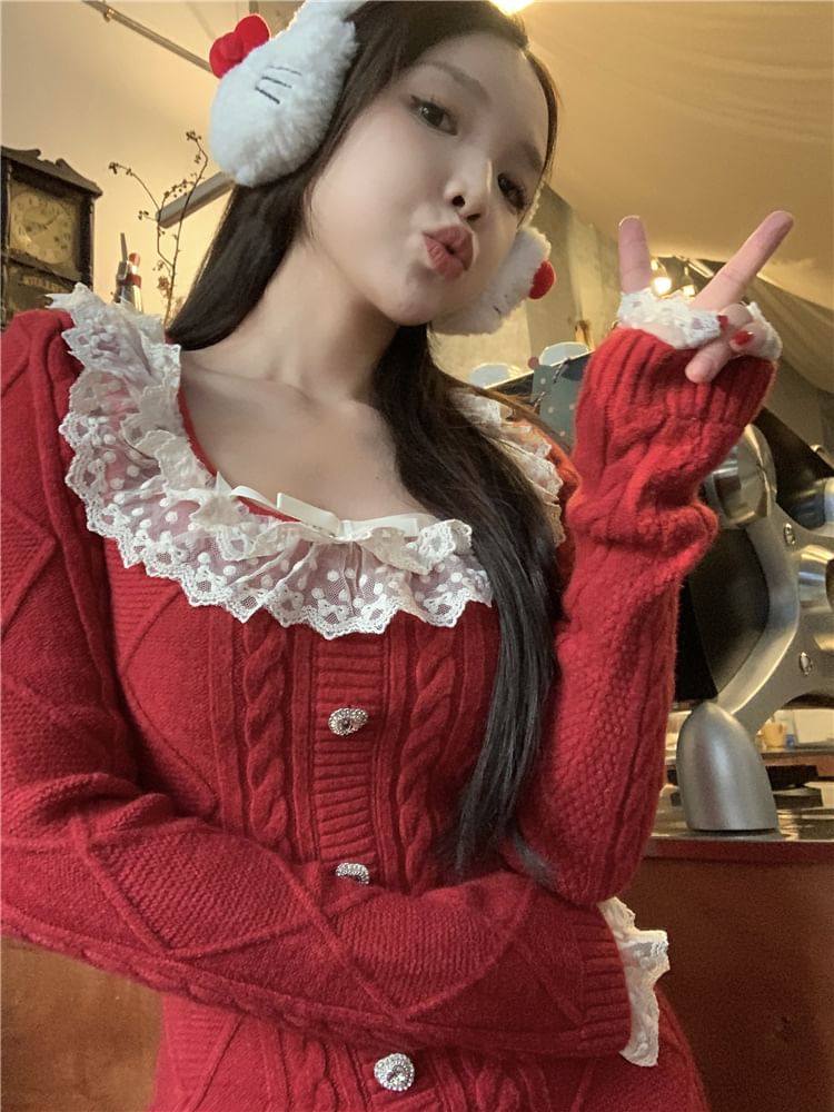 Long Sleeve Square Neck Bow Ruffle Button Lace Panel Cable Knit Mini Sheath Dress