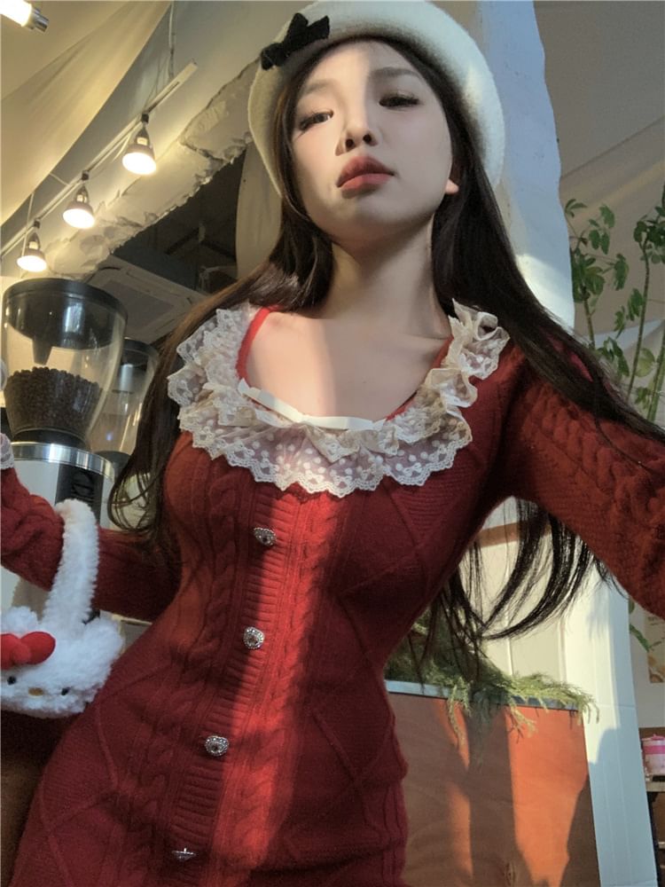 Long Sleeve Square Neck Bow Ruffle Button Lace Panel Cable Knit Mini Sheath Dress