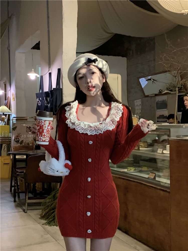 Long Sleeve Square Neck Bow Ruffle Button Lace Panel Cable Knit Mini Sheath Dress