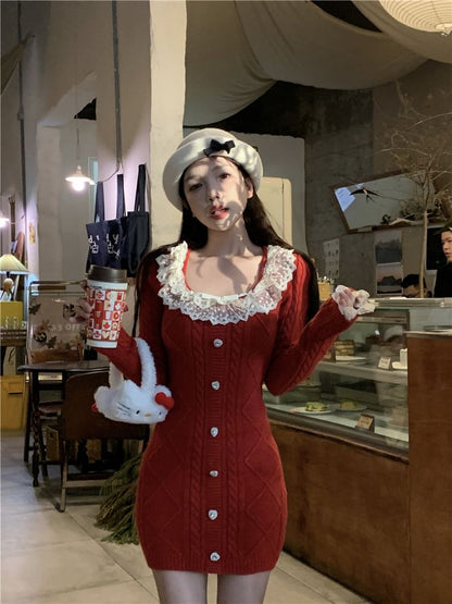 Long Sleeve Square Neck Bow Ruffle Button Lace Panel Cable Knit Mini Sheath Dress