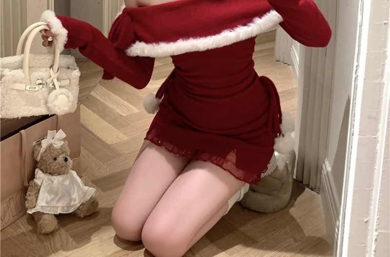 Long-Sleeve Halter Off-Shoulder Contrast Fluffy Trim Ruched Mini Sheath Dress