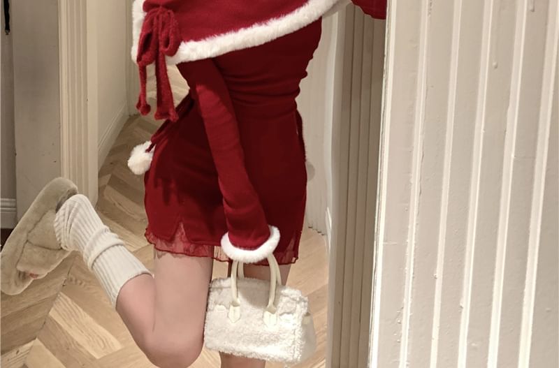 Long-Sleeve Halter Off-Shoulder Contrast Fluffy Trim Ruched Mini Sheath Dress