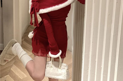 Long-Sleeve Halter Off-Shoulder Contrast Fluffy Trim Ruched Mini Sheath Dress