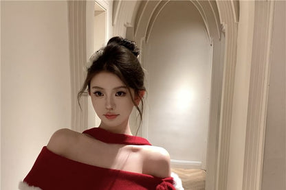 Long-Sleeve Halter Off-Shoulder Contrast Fluffy Trim Ruched Mini Sheath Dress