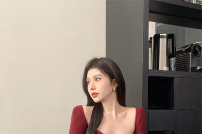 Long-Sleeve Plain Mini Bodycon Dress