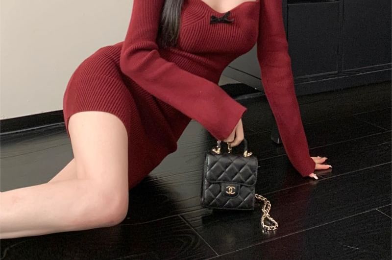 Long-Sleeve Plain Mini Bodycon Dress