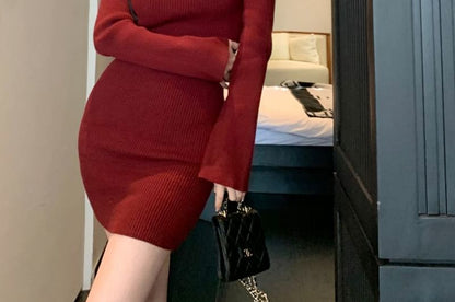 Long-Sleeve Plain Mini Bodycon Dress