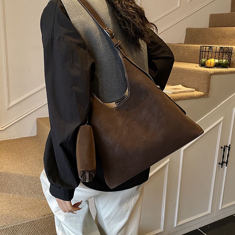 Set: Faux Suede Shoulder Bag + Pouch