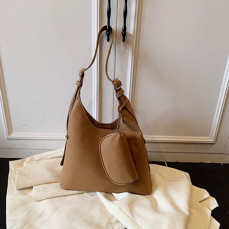 Set: Faux Suede Shoulder Bag + Pouch